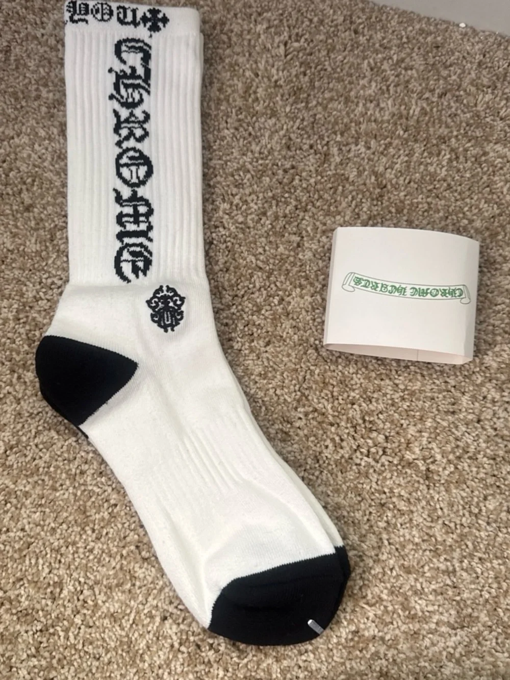 Chrome Hearts White Crew Socks with Black Accents and Logo
